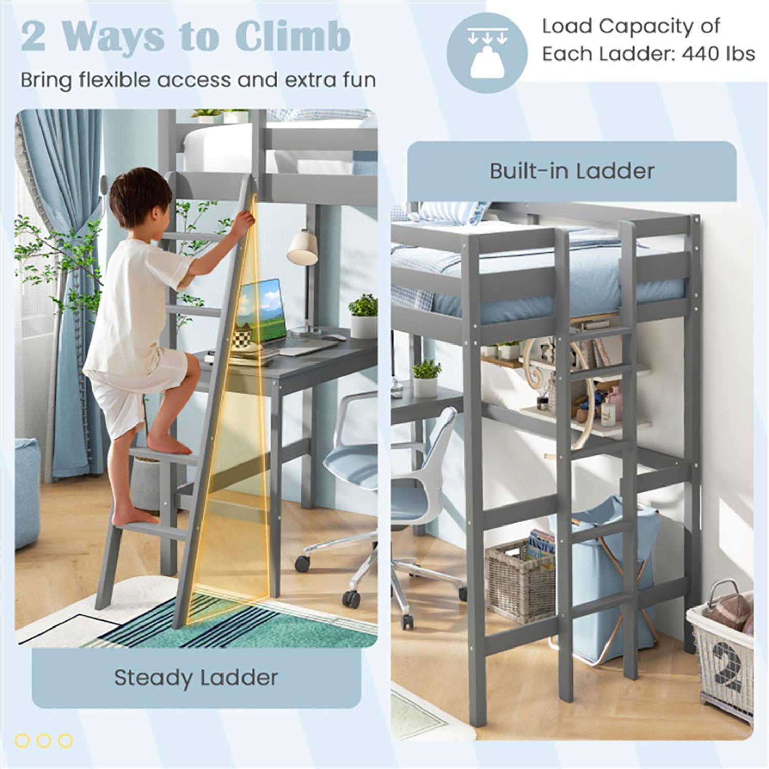 Demi Bonn Loft Bed Twin Size, Solid Wood Loft Bed with Desk Angled and Built-in Ladder, Modern Wooden Playhouse Bed Frame, Gray