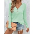 thumbnail image 2 of Women'S Long Sleeve Waffle Knit Shirts Dressy Casual Loose Button Up V Neck Henley Tops Fall Blouse Light Green XXL, 2 of 5