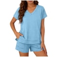 thumbnail image 2 of Womens Loungewear Sets 2 Piece Outfits Women's Casual Short Sleeve Set V Neck Side Split T-Shirt Tops with Elastic Waist Shorts, Soft Breathable Daily Wear Sports Outfits Light Blue L, 2 of 6
