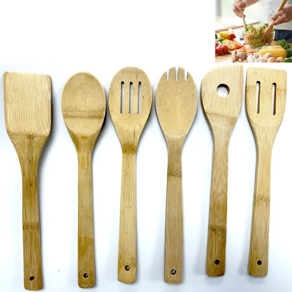 6 Pcs Bamboo Kitchen Cooking Utensils Spatula Spoon Fork Set Wooden Tool Handles