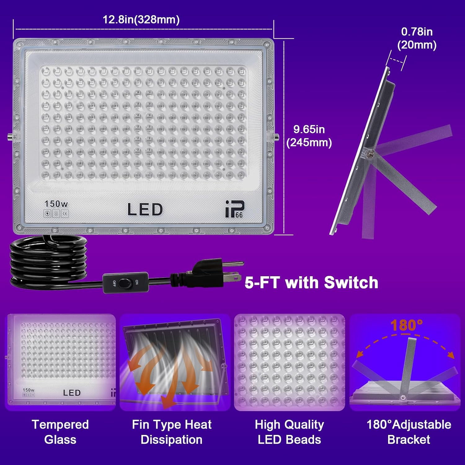 2 Pack 150W LED UV Black Light, Powerful Blacklight Flood Light with Plug and Switch, IP66 Waterproof, 395-405nm Blacklight Lamp for Party Body Paint Fluorescent Poster Halloween