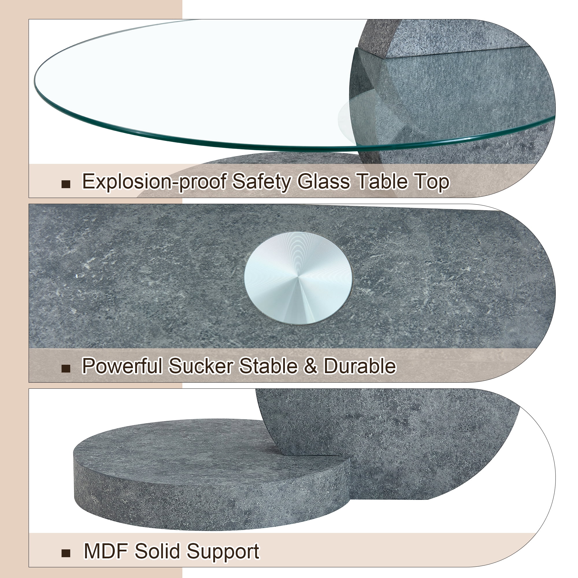 JUFU 35.4" Glass Coffee Table, Modern Round Coffee Table with MDF double-layer Gray Stone Texture Base, 2-Tier Tempered Glass Top, Easy to Assemble, Ideal for Living Room, Small Space, Home Office
