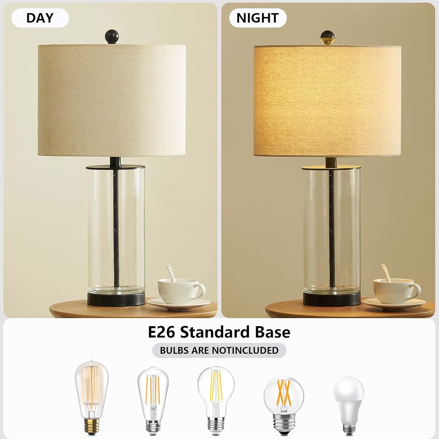 Maxax 23.75" Glass Table Lamps Set of 2, 3-Way Dimmable Black Nightstand Lamps for Living Room Bedroom