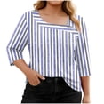 thumbnail image 5 of VEKDONE Womens Stripe Plus Size Tops 3/4 Length Sleeve Loose Fit Blouse Asymmetrical Neck Button Tunic Tops Summer Fashion Clothes Blue XL, 5 of 7