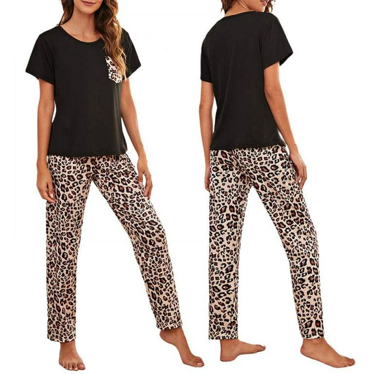 Womens Pajama Set Classic Short Sleeve Top Tee & Loose Long Pants Leopard Print  Bottoms T-shirt Sleepwear Pjs Sets
