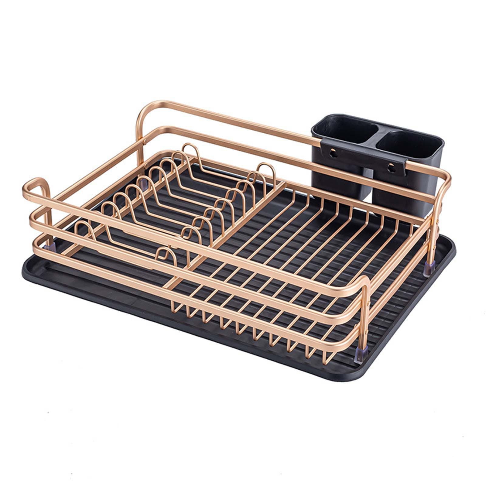 Huayishang Dish Drying Rack Aluminum Dish Drying Rack Counter Rustproof Dish Storage with Cutlery Holder Removable Drainer Tray Rose Gold, Kitchen Essentials Clearance Sale Gold