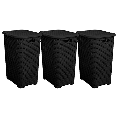 Superio 60L Large Wicker Plastic Laundry Hamper with Lid Black (3