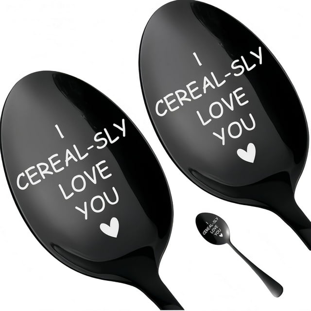 2Pcs Black Cereal Spoon Gifts for Him Her Mens Valentine's Day Birthdays Thanksgiving Christmas Gifts Stocking Stuffers,I Cerealsly Love You Spoon Valentines Day Gifts.