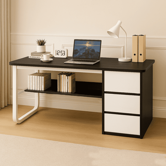 SRIAA Modern Computer Desk White Drawers with Railings & Side Bookshelf - Black Top Premium Wood Writing Table with Strong Iron Frame – Home Office Workstation (47.24W x 19.68L x 29.13H Inches