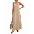 thumbnail image 3 of Women's V-Neck Sleeveless Backless Maxi Solid Suspender Robe Dress for Party Summer Khaki S, 3 of 9