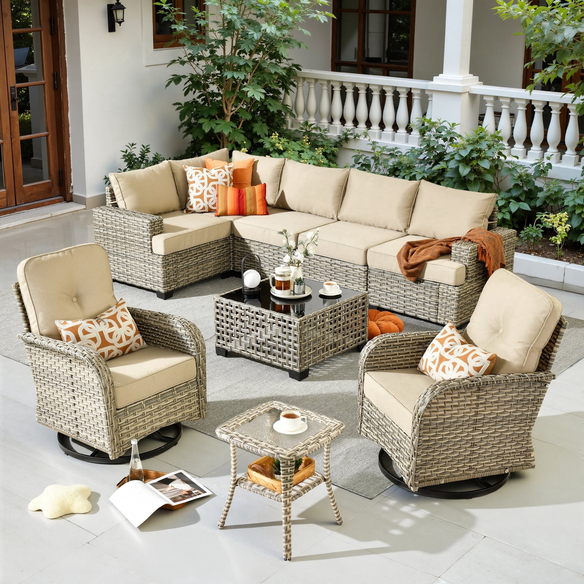 Toject 9 Pieces Patio Furniture Set Outside Furniture Wicker Patio Conversation Set with Swivel Chairs, Outdoor Furniture for Garden, Beige