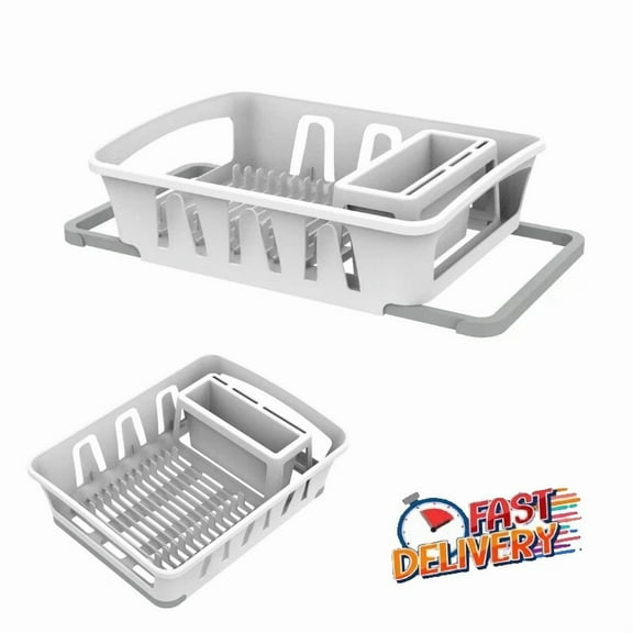 Expandable Dish Drying Rack With Utensil Holder For Kitchen Countertop White