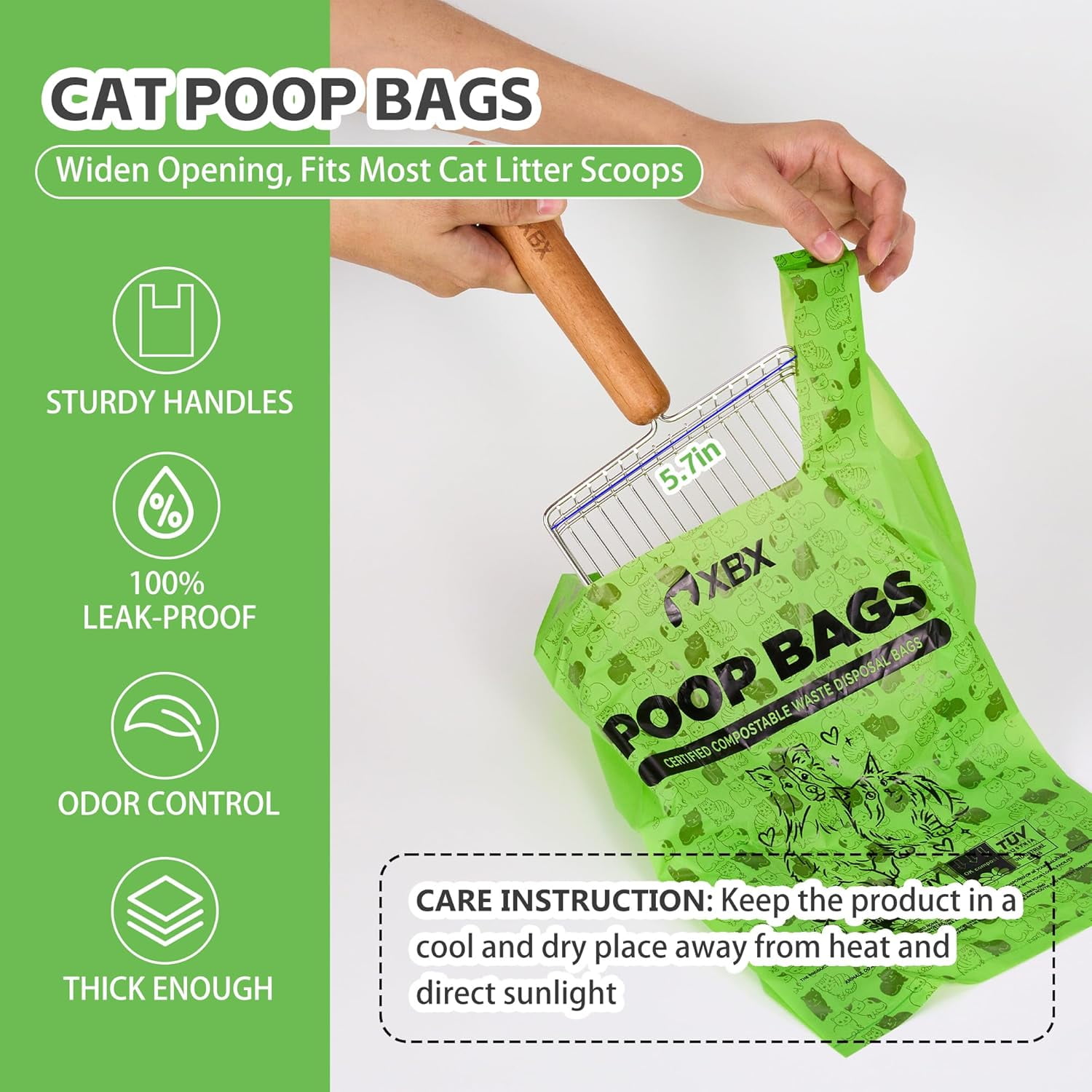 Cat Litter Bags for Poop, Compostable Kitty Poop Bags, 100 Count Unscented Disposal Waste Bags with Handle, Fit Any Scoop, Odor Sealing and Leakproof Dog Pooper Bag