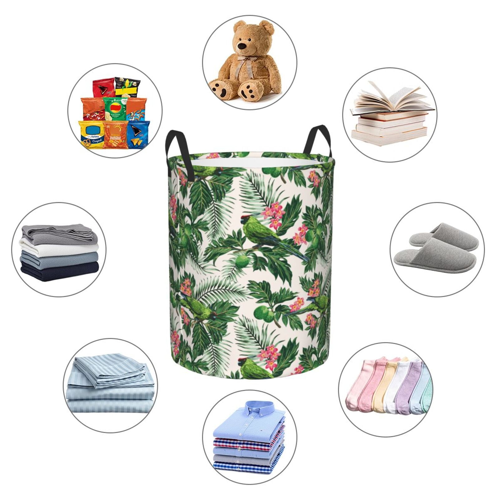 Large Laundry Basket with Handles - Cute Parrot Palm Leaf Green Kids Baby Dirty Clothes Laundry Hamper for Bedroom Aesthetic