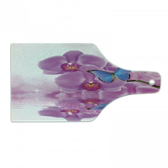Butterflies Cutting Board, Orchid Reflection on Water Bloom Botany Plant Branch Anima Print, Decorative Tempered Glass Cutting and Serving Board, Wine Bottle Shape, Pink Blue White, by Ambesonne