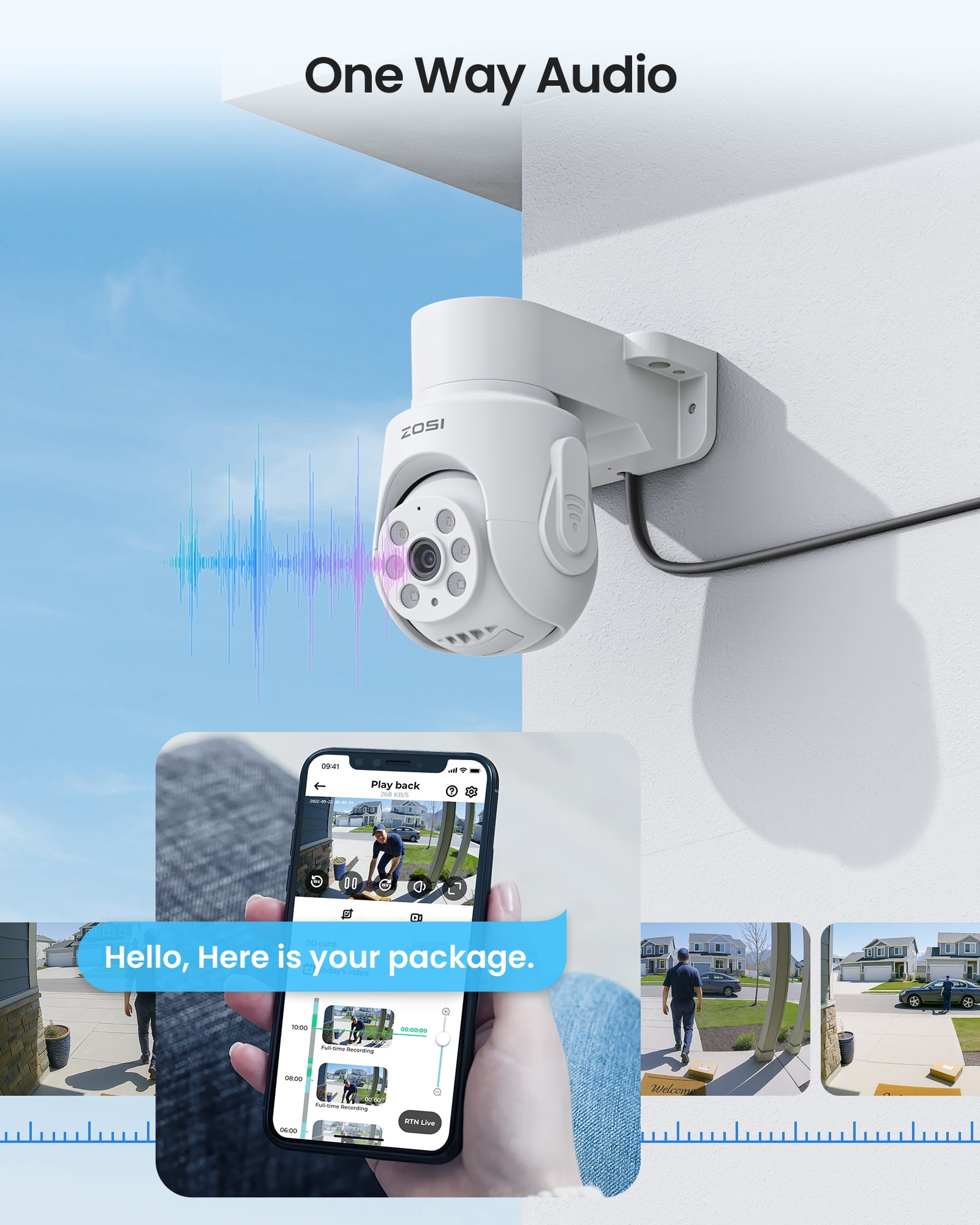 ZOSI 1080P 360°View Security Camera System with One Way Audio, 5MP H.265+ 8CH DVR, 4pcs 2MP Pan/Tilt Outdoor Security Camera, Human Vehicle Detection, IR Night Vision, Home Security,No Hard Drive