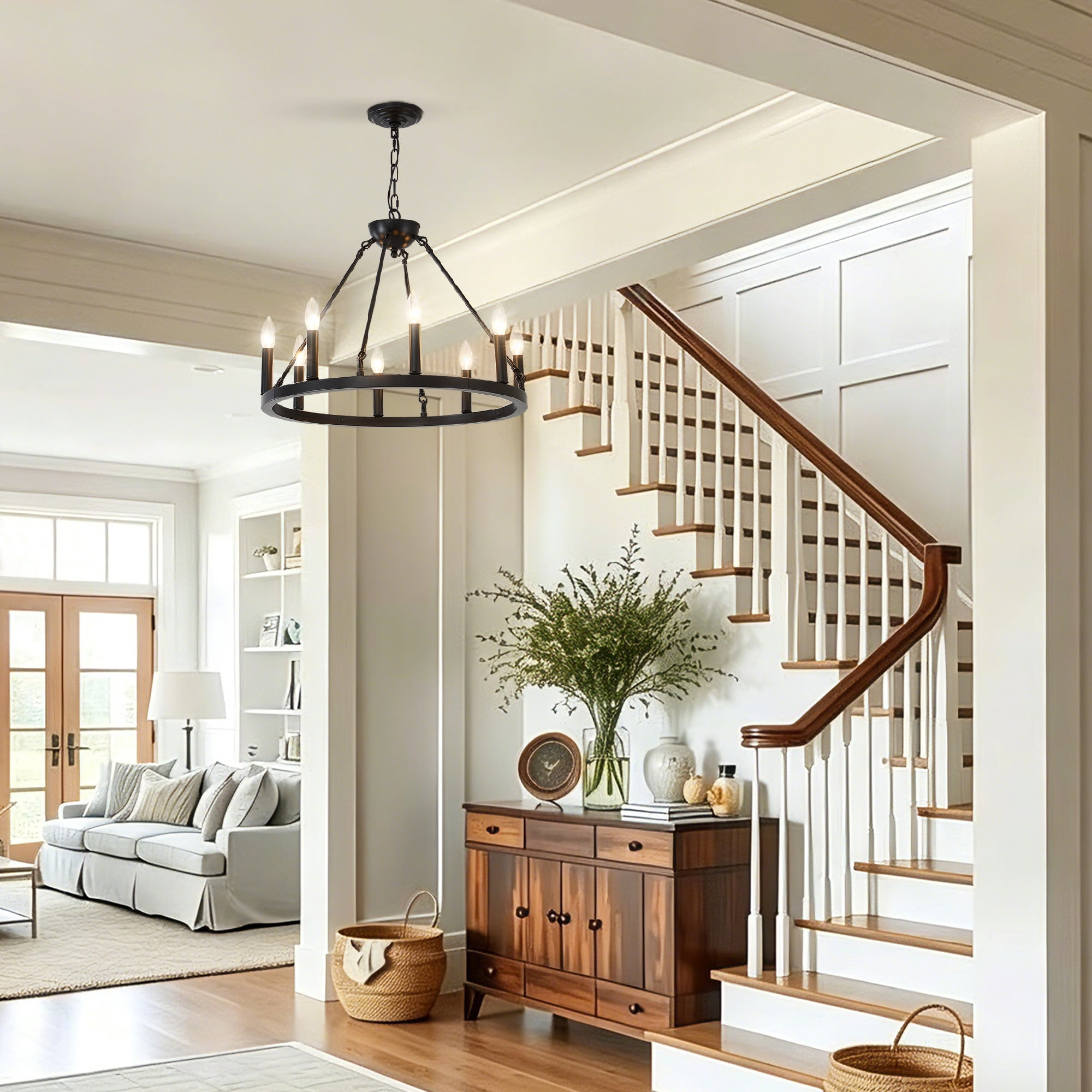 8-Light Black Farmhouse Industrial Wagon Wheel Chandelier, Rustic Metal Ceiling Light Fixture