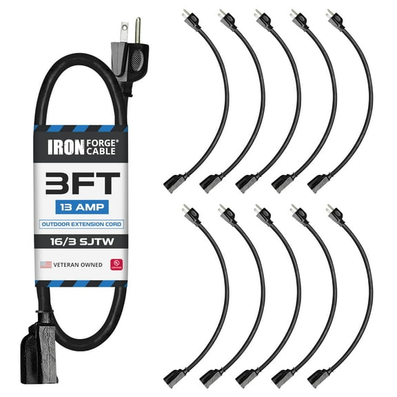10 Pack of 3Ft Black Extension Cords - 16/3 SJT Electrical Extension Cord Set