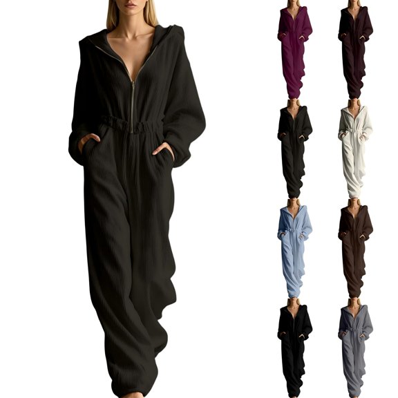 Tqcoqu Women's Corduroy Hooded Jumpsuit with Pocket,Half Zip Front Elastic High Waist Loose Long Sleeve One Piece Casual Outfit