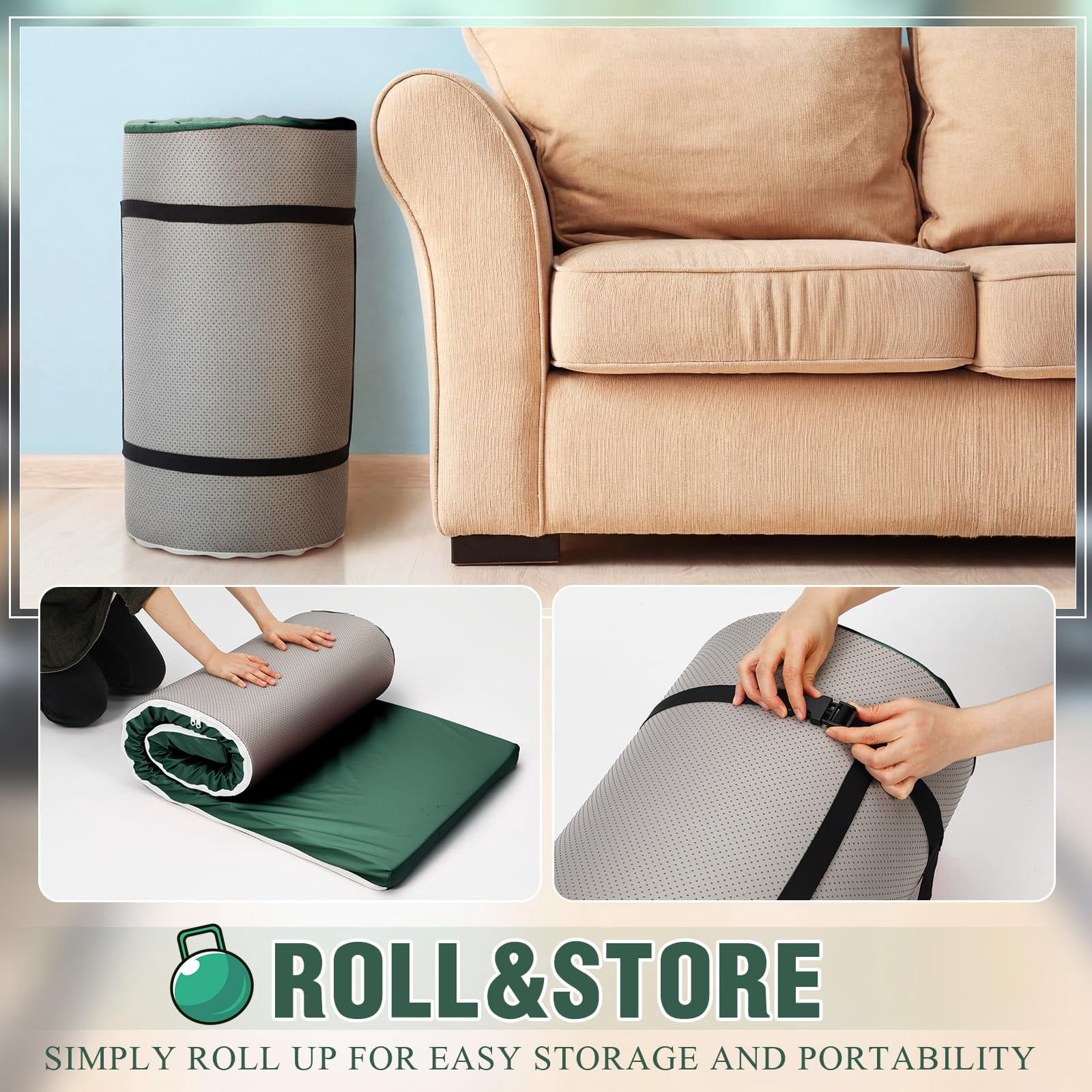 Dark Green Foldable Yoga Mat 2 Inch 72"x24" Thick With Carry Strap For Pilates And Stretching