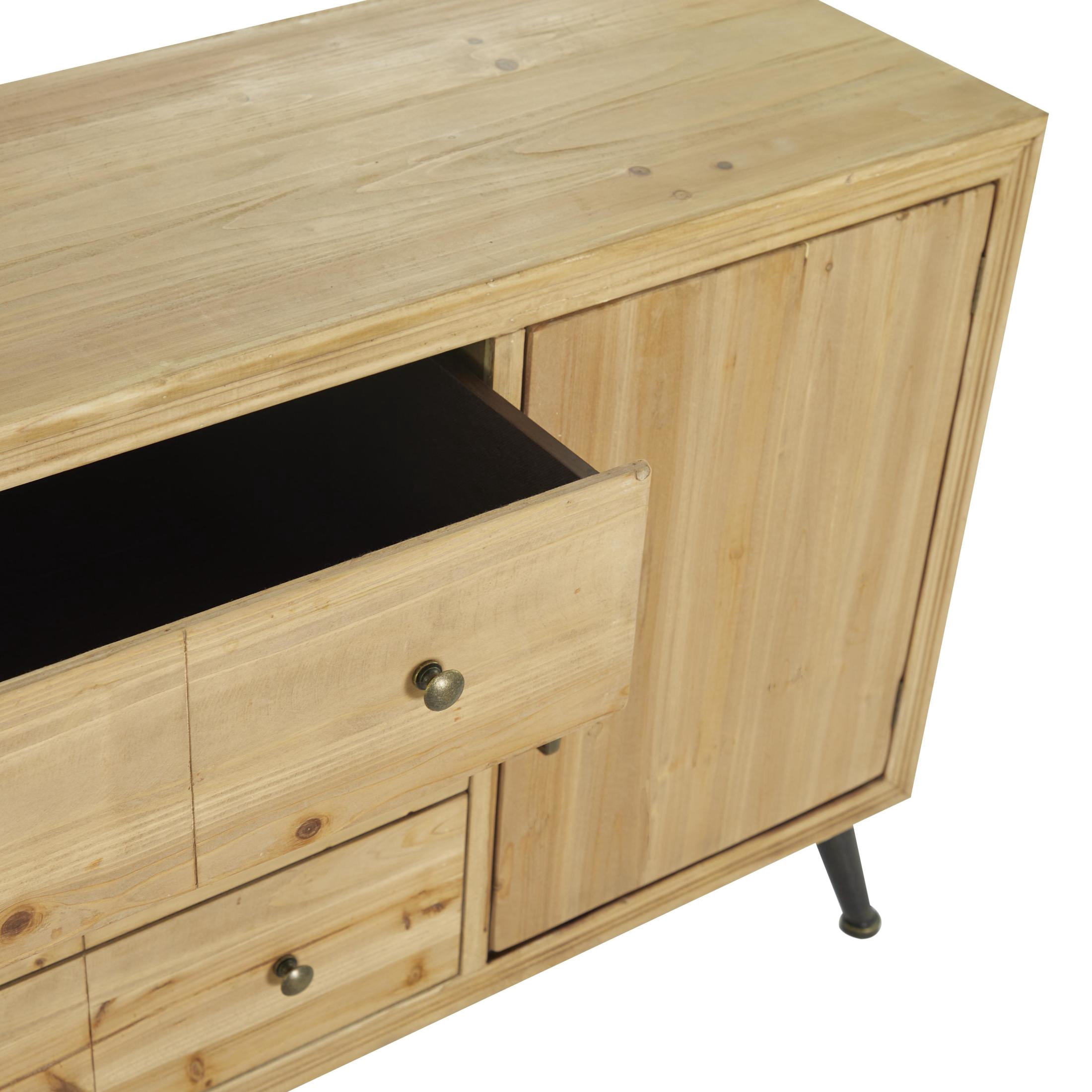 DecMode 59" x 31" Light Brown Wooden 2 Door and 3 Drawer Sideboard with Black Tapered Legs, 1-Piece