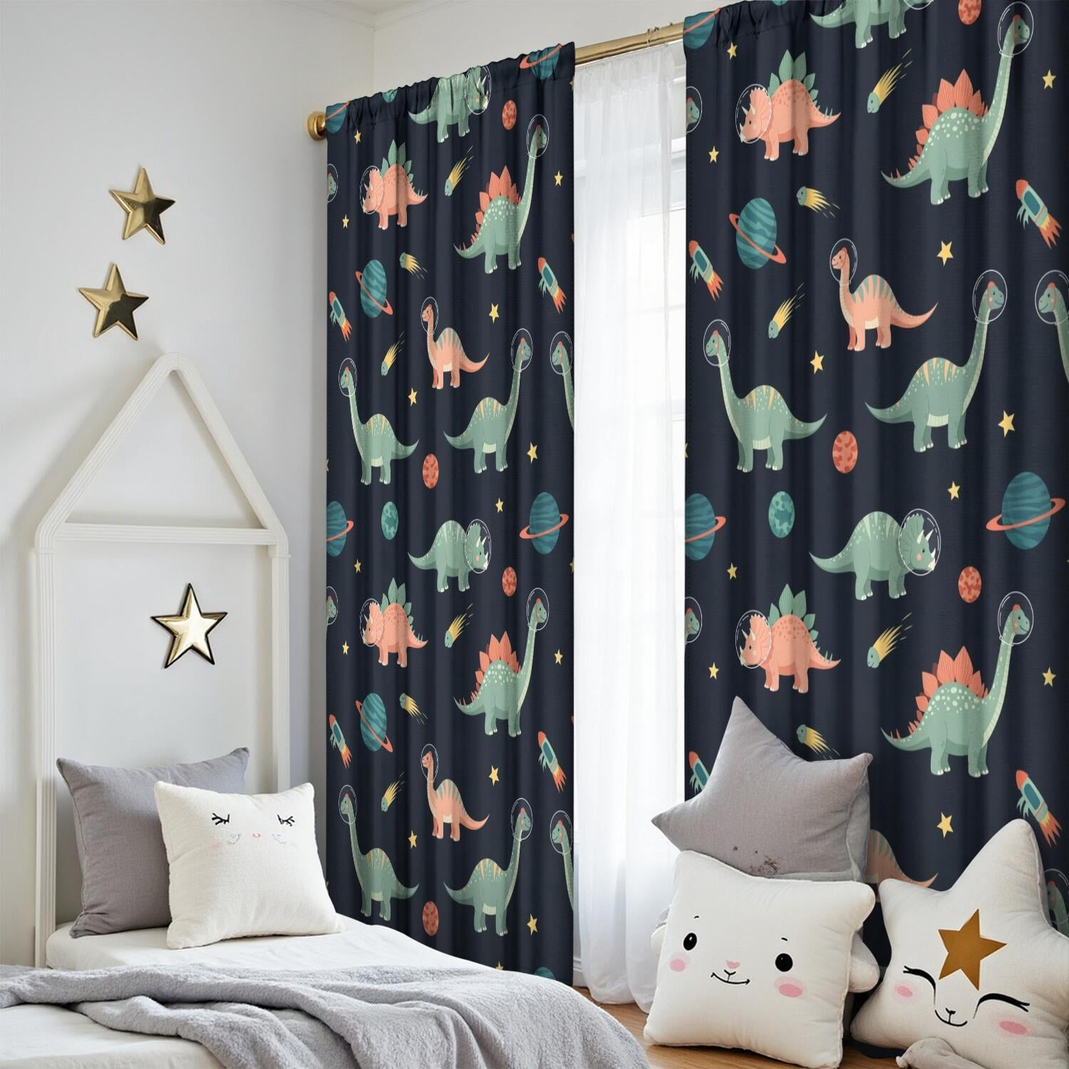 Blackout Kids Curtains,Dark Blue Dinosaurs Space Pattern Childrens Insulated Curtains Set Of 2,Bedroom Essentials,Toddler Room Decor 52"x84"
