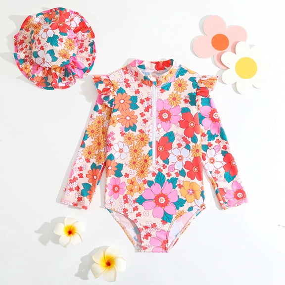 Girls One Piece Swimsuits Long Sleeve Floral Print One-Piece Swimsuit with Cap for Beach Toddler Swimsuit Girl Beige 18-24 Months