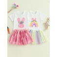 thumbnail image 3 of Toddler Baby Girl Easter Outfit 6 12 18 24 Months 2T 3T 4T Rainbow Embroidery Short Sleeve T-Shirt with Tulle Skirt 2 Pcs Clothing Set, 3 of 9