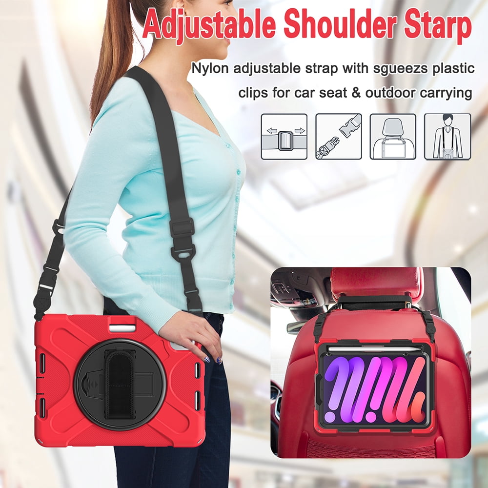 For Apple iPad Mini 6 (2021) Heavy Duty Rugged Hybrid with Kickstand, Shoulder Hand Strap, Pencil Holder Shockproof Full Protective Cover ,Xpm Phone Case [Red]