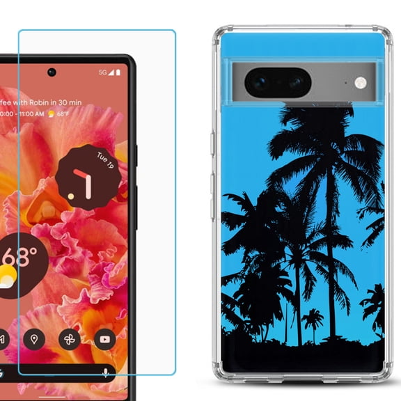 Slim-Fit Gel TPU Phone Case for Google Pixel 7, with Tempered Glass Screen Protector, by OneToughShield ® - Tropical Summer