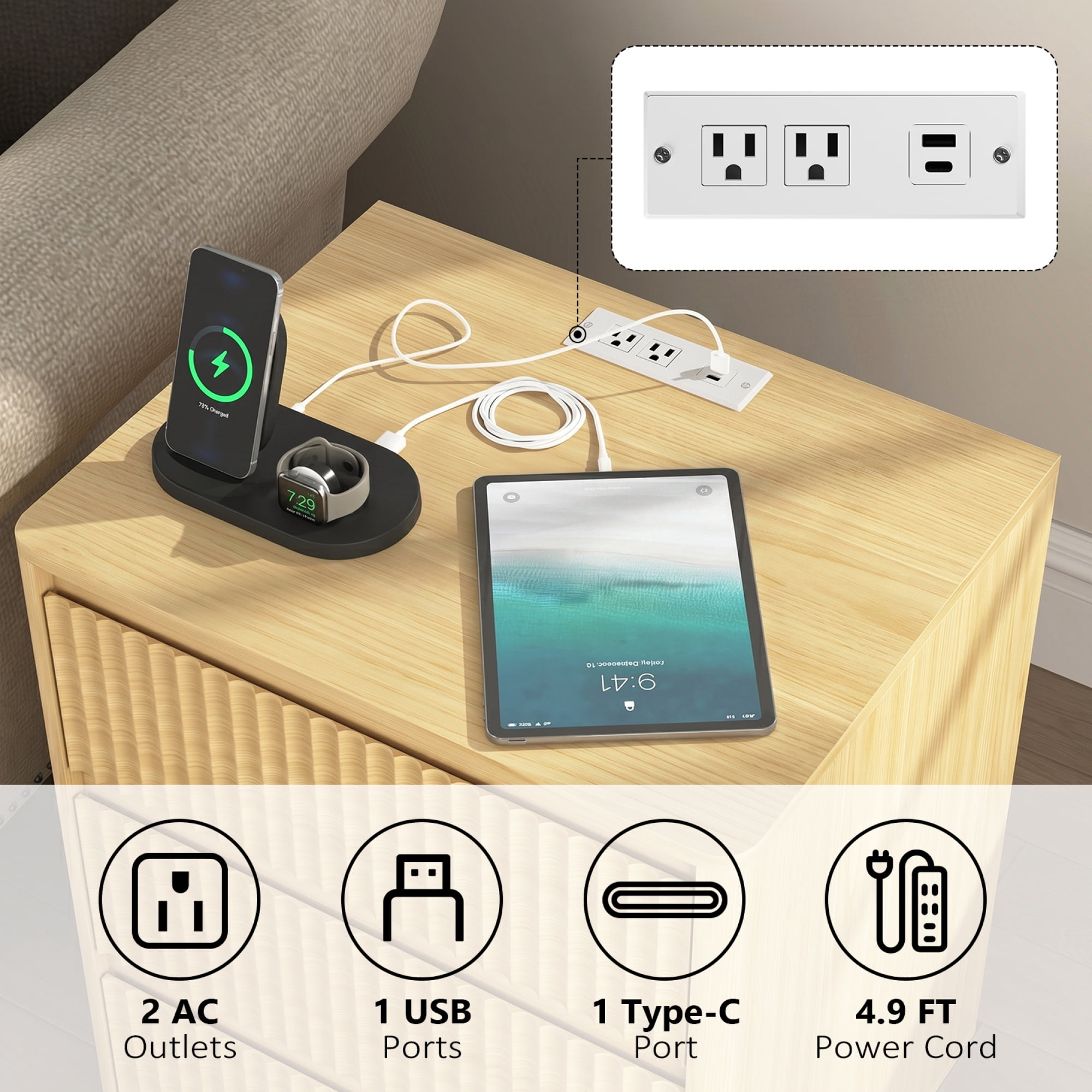Leumius 3-Drawer Small Nightstand Set of 2 with Charging Station,Modern Sofa Side Table End Table Wood Storage Cabinet for Living Room,Bedroom,Office,Natural