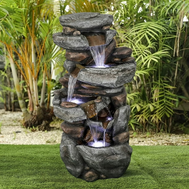 Stacked Rock Outdoor Water Fountain with LED Lights Rockery Cascading