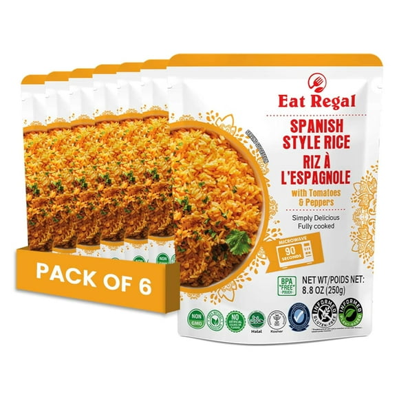 Eat Regal Riz Espagnol Lot de 6, 8,8 Onces, Prêt à Manger en 1,5 Minutes / Ingrédients 100 % Naturels / Riz Précuit / Riz Prêt / Repas Familiaux Prêts à Manger / Compatible Micro-Ondes / Accompagnement