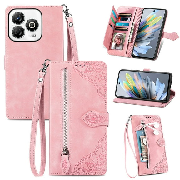 Phone Case for Blackview Wave 8C, Shockproof PU Leather Wallet Case with Card Slots Anti-Scratch Stand Magnetic Flip Zipper Pocket Cover for Blackview Wave 8C, Pink