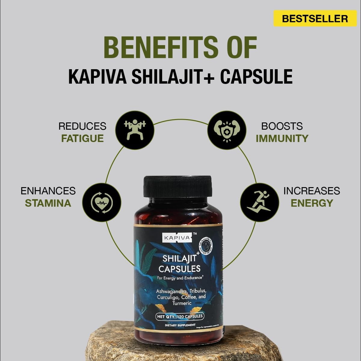 Kapiva Shilajit Capsules – 120 Count | 60 Days Supply |  Himalayan Shilajit with Ashwagandha, Turmeric, Tribulus & Coffee | Energy, Stamina & Testosterone Support