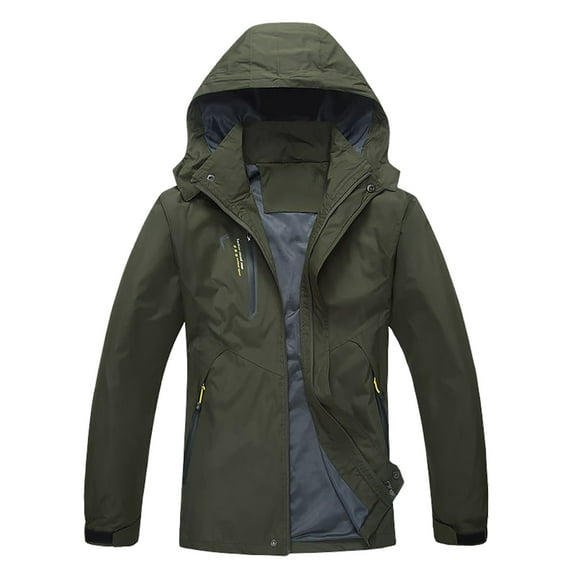 Tiweut Mens Outdoor Jackets Fall Sports Style Zipper Windproof Waterproof Solid Colour Long Sleeved Hooded Clothing Army Green,L