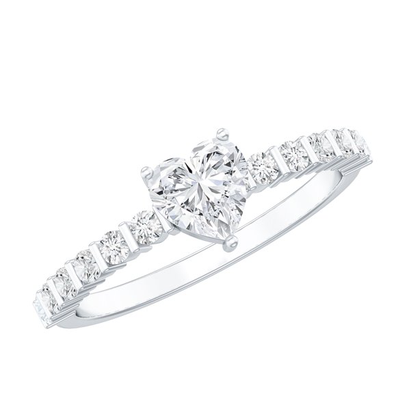 Rosec Jewels Moissanite Heart Promise Engagement Ring with Side Stones (5 mm, D-VS1 Grade), 925 Sterling Silver, US 4.00