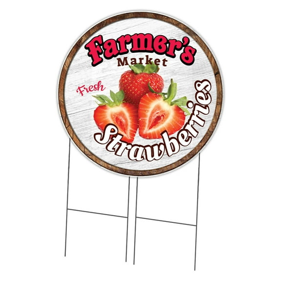 SignMission Corrugated Plastic Sign With Stakes 36" Circular - Farmer's Market Strawberries | Coroplast Yard Sign With Stake |  Made in the USA