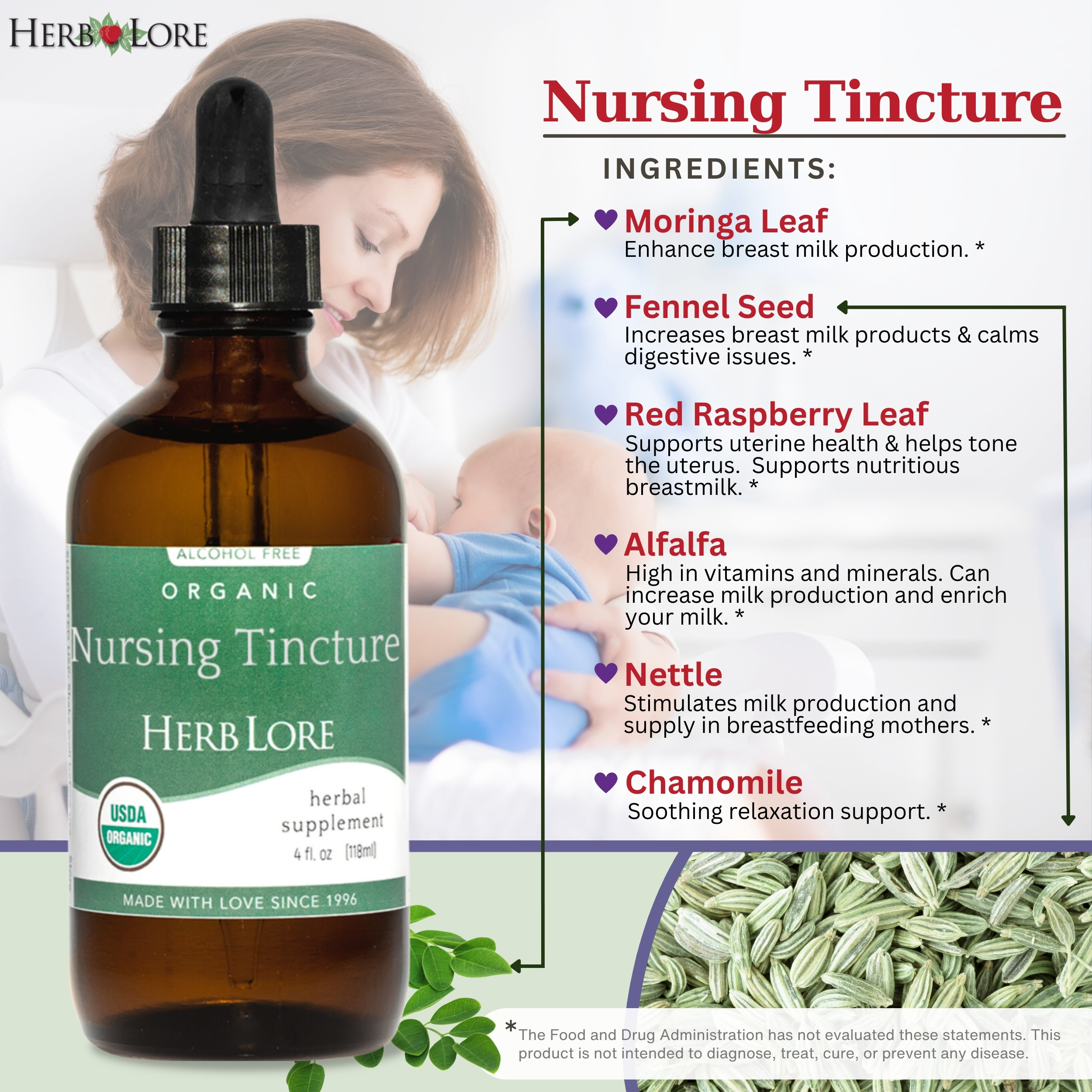 Herb Lore Organic Nursing Tincture – Liquid Lactation Support Supplement to Increase Breast Milk Supply - Alcohol Free (4 fl oz)