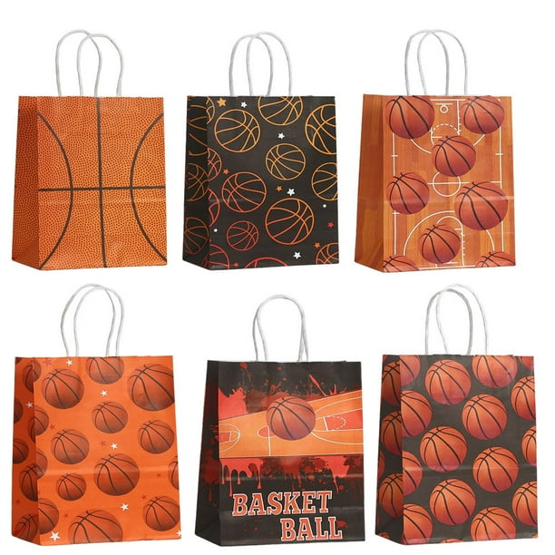 Bolsa de regalo de papel kraft con diseño de baloncesto y asas, paquete de 12
