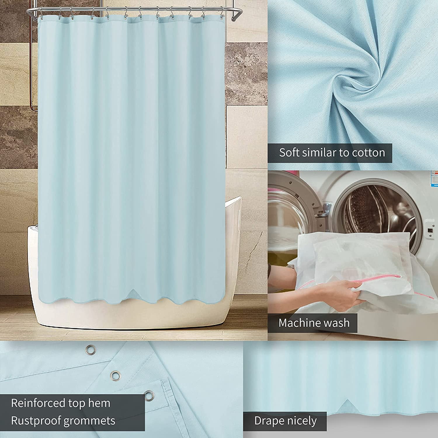 RunMin Grocery Store Long Fabric Shower Curtain Liner Waterproof - 72" x 78", Soft & Lightweight Long Shower Curtain with 3 Magnets, Machine Washable - 72x78, Blue