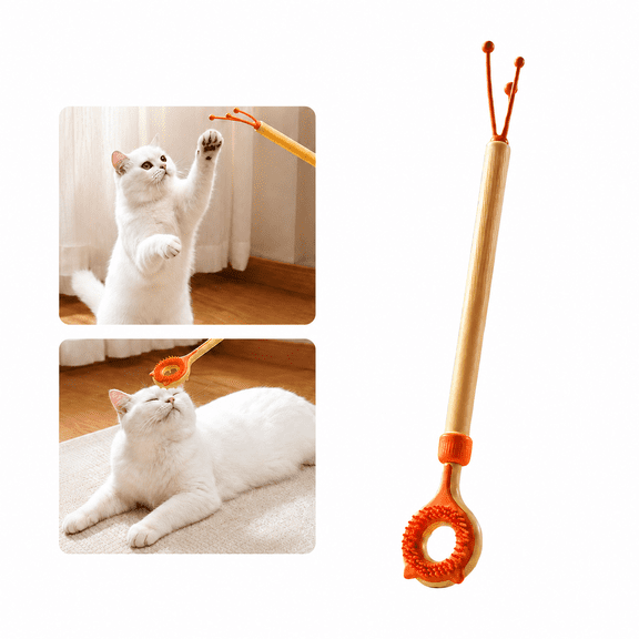 Extendable Cat Teaser Wand with Massage Head, Interactive Telescopic Cat Toy with Soft Rubber Scratcher for Indoor Cats