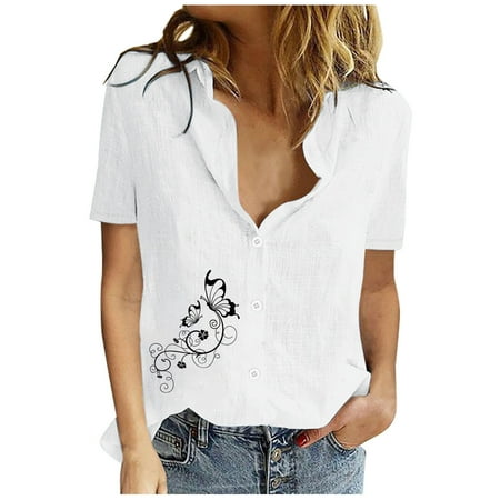 

kakina CMSX T Shirts for Women Casual Tops Printed Short Sleeve Loose Button Turndown Collar Shirt Solid Blouse Tops Plus Size Summer Tops White S