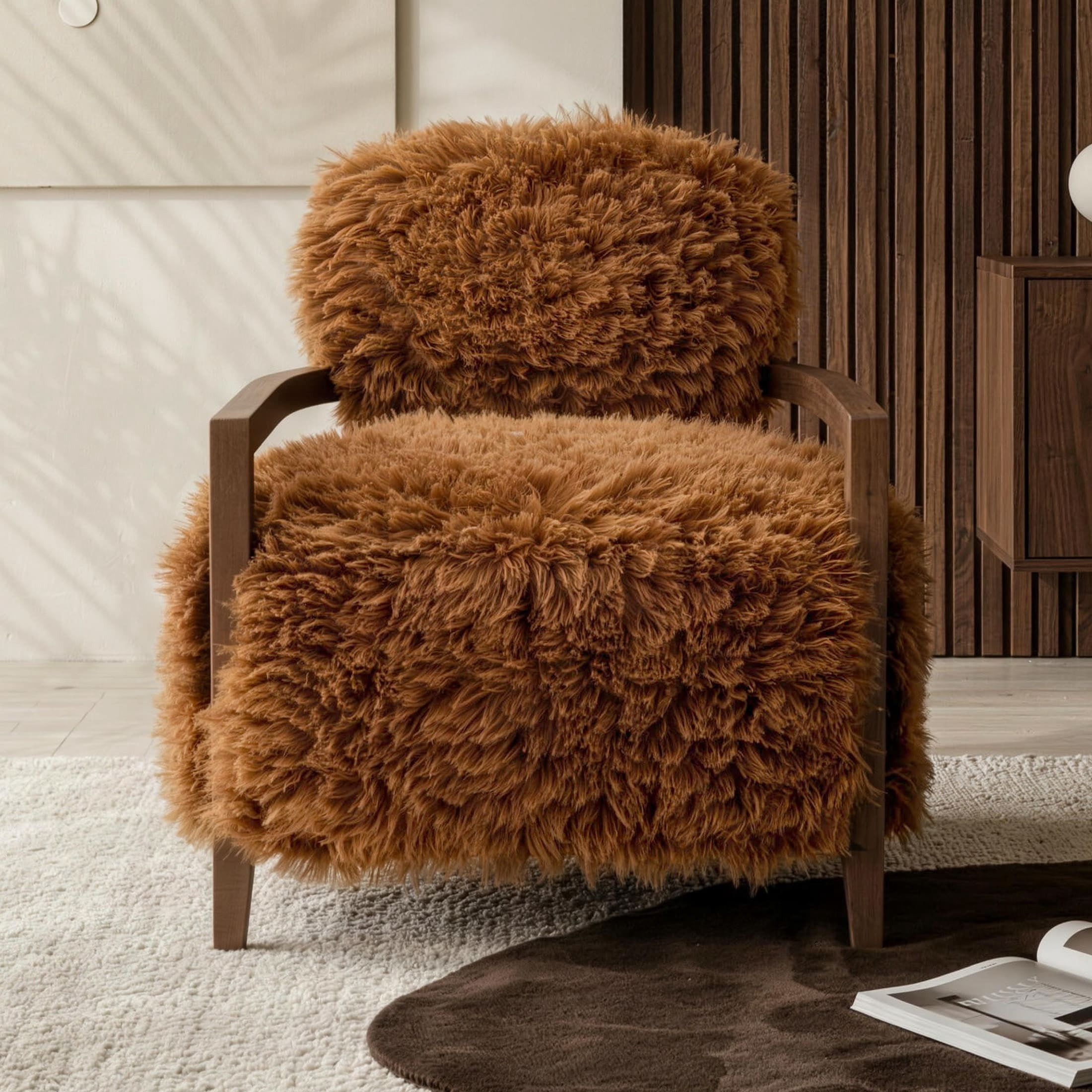 Aenkyo Yeti Contemporary Faux Fur Accent Chair with Walnut Wood Arms, Orange