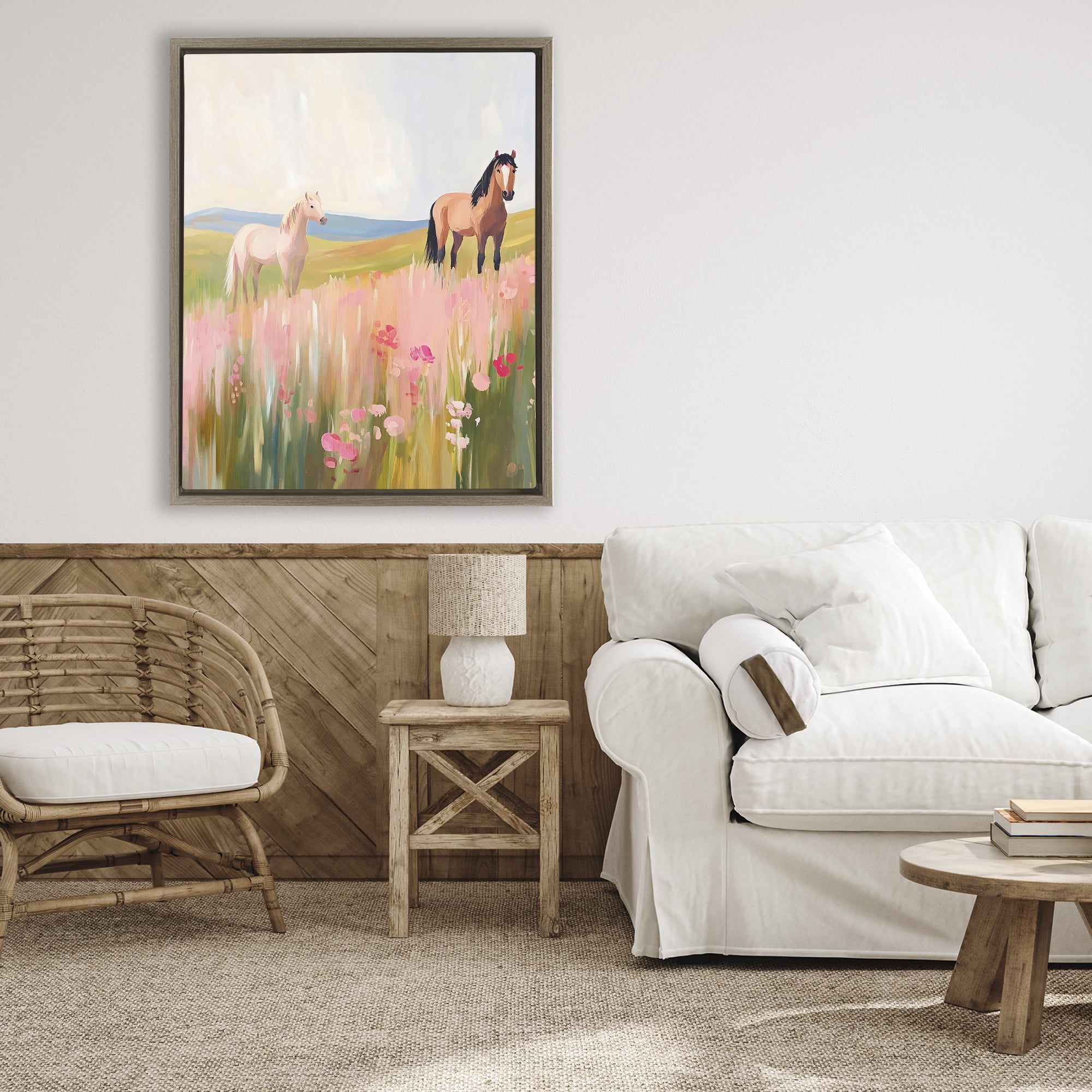 Stupell Industries Wild Horses in Pink Meadow Brown Framed Floater Canvas Wall Art, design by The Prints Vibe