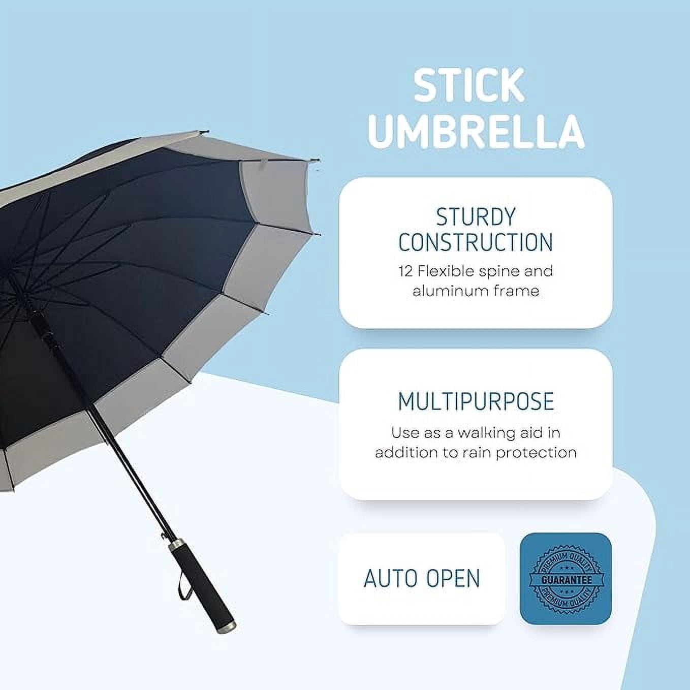 Cheery Stick Umbrella for Rain - Classic Cane Outdoor Umbrella - Automatic, Sun, and Windproof Camping Equipment - 14-Spine Heavy-Duty Walking, Hiking Gear (Black)