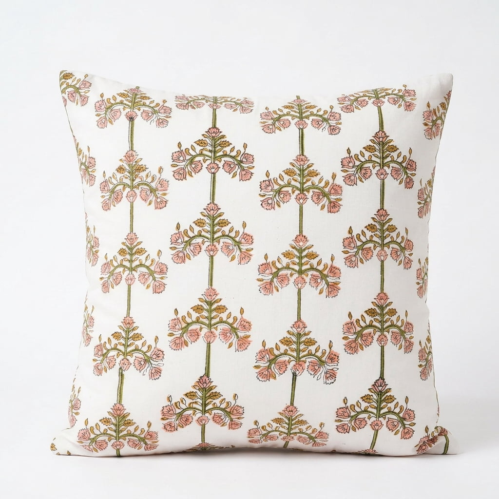 SHOPCREW Hand Block Printed Cotton Cushion Covers with Zipper Closure, Decorative Throw Pillow Covers for Sofa Couch Bed, 20x20 Inches, Pack of 4 - Heritage Garden Spire