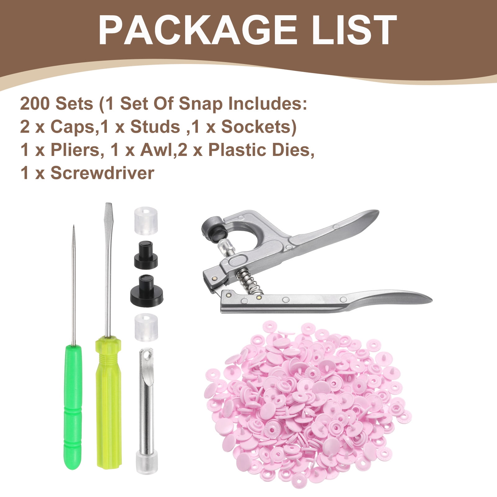 Uxcell Plastic Snaps Fasteners with Snap Pliers, 200 Set T3 Round Resin No-Sew Button Snap Fasteners Kit Pink