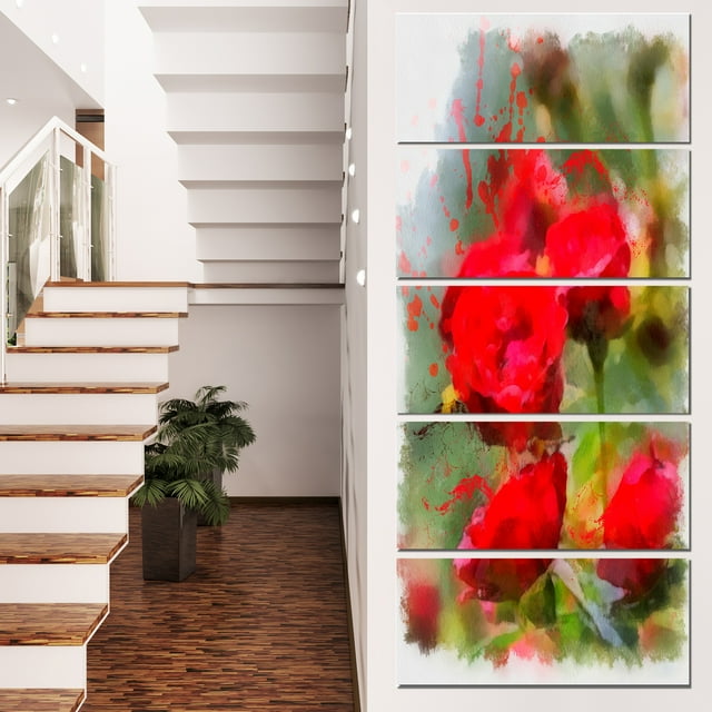 Roses Rouges sur Aquarelle Verte - Uvre d'Art Florale sur Toile