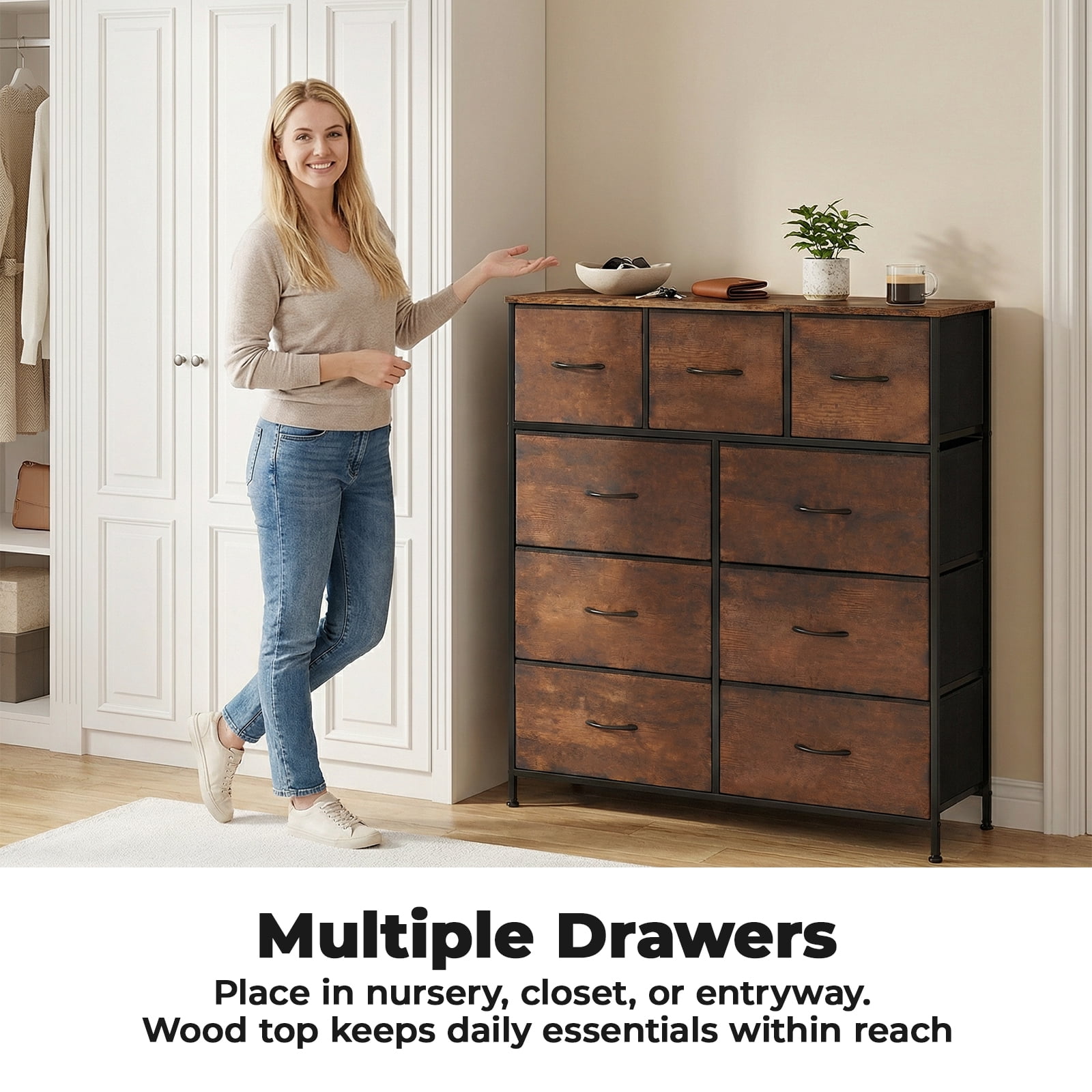 Alvantor Tall Dresser Fabric Storage Tower ,Wooden Top for Kid Room, Closet, Entryway, Nursery